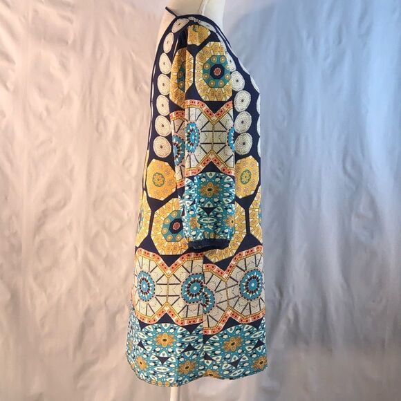 Millibon Navy Teal Gold Geometric Lightweight Scoop Back Sheath Dress M - Picture 5 of 9